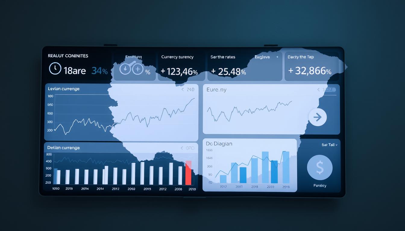 A well-lit financial dashboard displays real-time currency exchange rates against a backdrop of a stylized map of Bulgaria. Sleek graphs and charts track the fluctuations of the lev, euro, and dollar, providing a comprehensive view of the foreign exchange market. The interface is intuitively designed, allowing users to monitor trends and make informed decisions for more advantageous payments. Soft lighting and a muted color palette create a professional, analytical atmosphere, underscoring the importance of closely monitoring currency exchanges for optimal financial outcomes in Bulgaria.