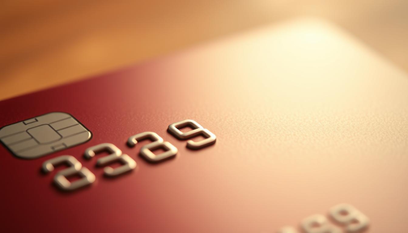 A detailed close-up photograph of a credit card, capturing its intricate texture and design. The card is centered in the frame, with a shallow depth of field that softly blurs the background. The lighting is warm and natural, highlighting the glossy surface and embossed lettering. The composition emphasizes the card's thickness and the precision of its edges, conveying a sense of solidity and quality. The image evokes a sense of financial responsibility and careful consideration of credit card features and costs.