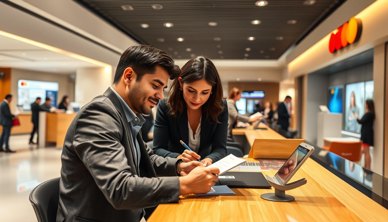 Detailed image of a person applying for and receiving an OTP Mastercard Gold credit card. The scene takes place in a modern, well-lit bank lobby with clean lines and warm, neutral tones. In the foreground, the customer is seated at a desk, leaning forward as they fill out an application form. Their expression is focused and determined. The bank employee, dressed in professional attire, is standing next to the desk, guiding the customer through the process. In the background, other banking activities are visible, including customers at teller windows and people browsing informational displays. The overall atmosphere conveys a sense of efficiency, trust, and customer-centric service.