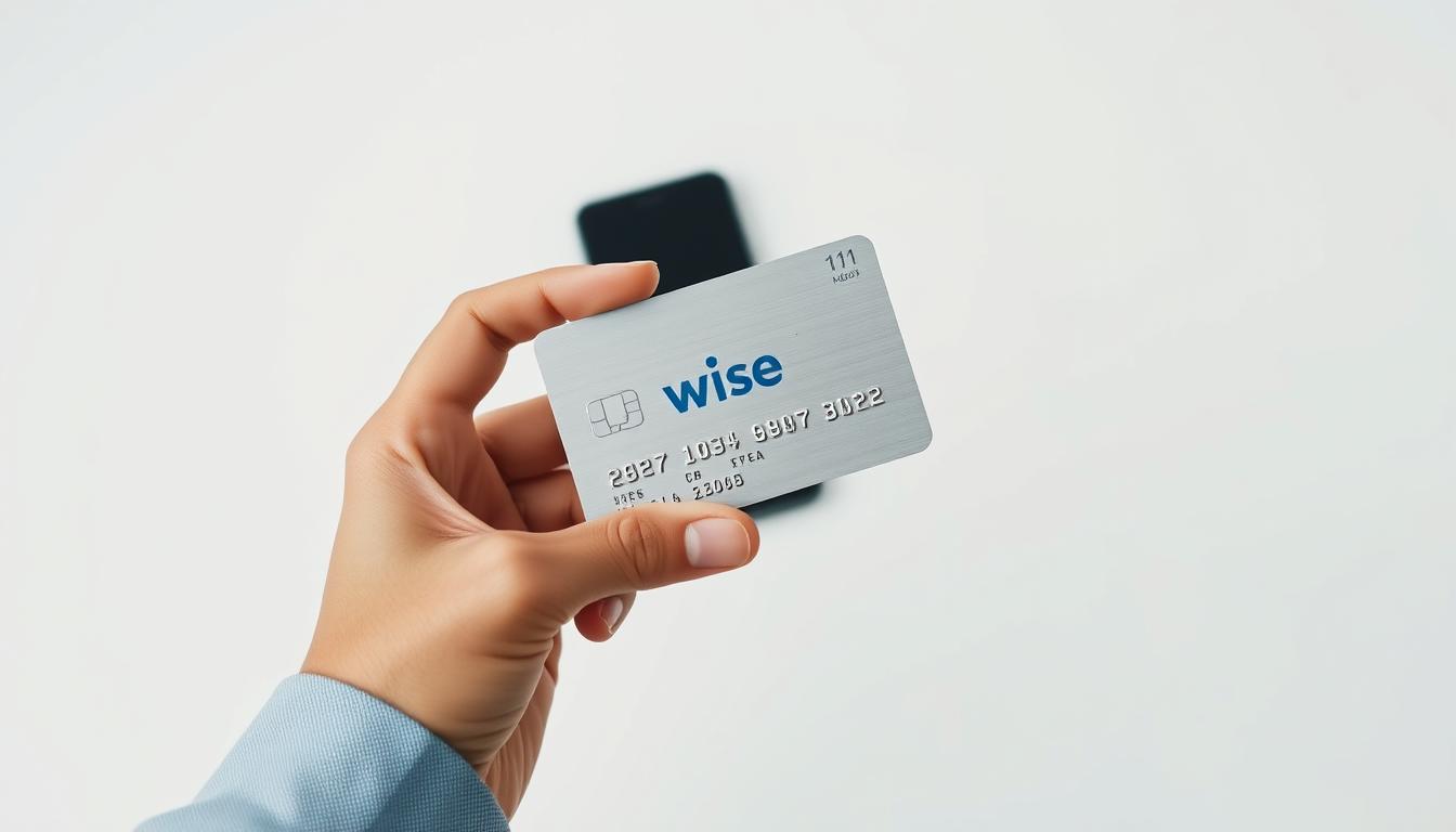 A high-angle shot of a person's hands holding a Wise debit card against a minimalist white background. The hands are positioned prominently in the foreground, showcasing the sleek, metallic Wise card with its distinct logo. The lighting is soft and diffused, creating a clean, professional aesthetic. In the middle ground, a digital wallet or mobile device is visible, hinting at the integration of the Wise card into a seamless digital financial ecosystem. The overall mood is one of efficiency, simplicity, and the seamless integration of modern financial technology into everyday life.