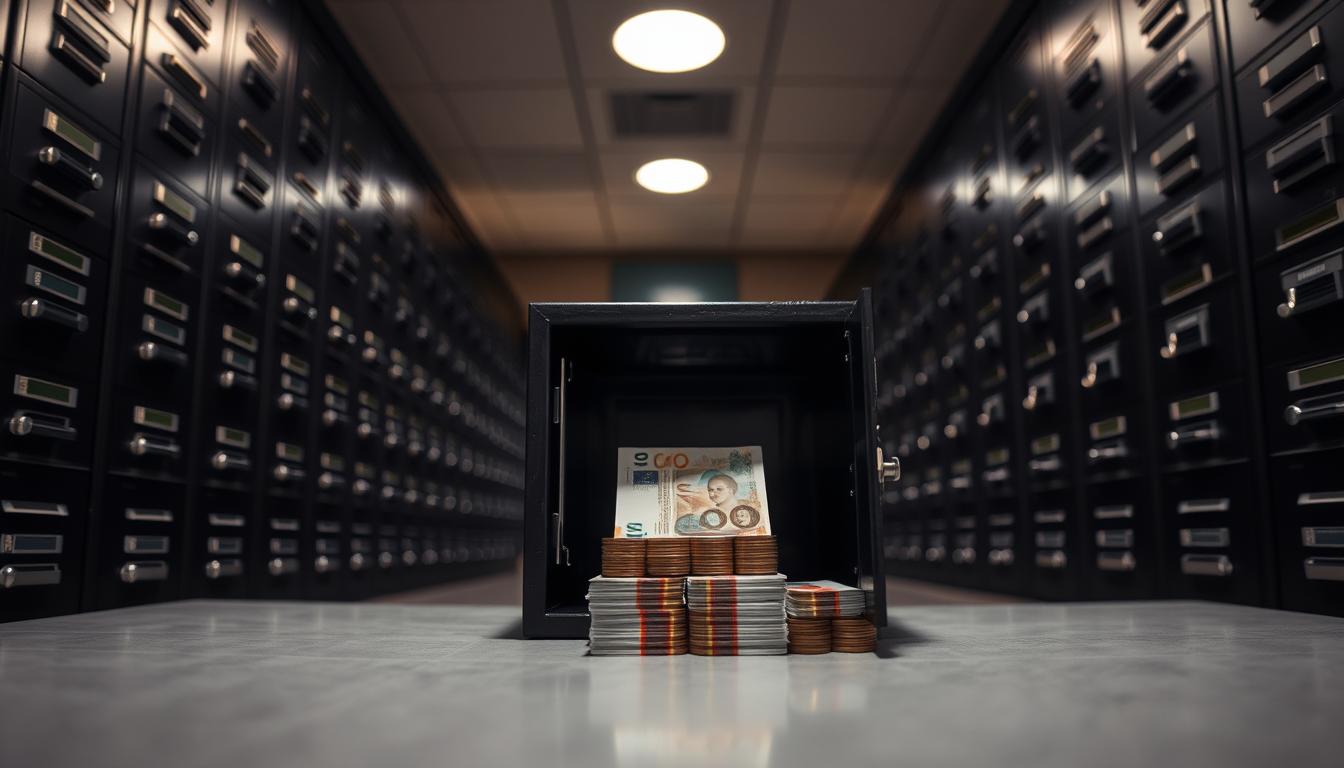 A dimly lit safe deposit box room in a bank, with rows of metal deposit boxes lining the walls. Soft overhead lighting casts a warm glow, creating an atmosphere of security and privacy. The camera angle is low, focused on the foreground where a single deposit box stands open, revealing stacks of Romanian currency neatly arranged inside. The background is slightly blurred, emphasizing the importance of the open box. The scene conveys a sense of careful financial planning and the legal protection of personal savings.