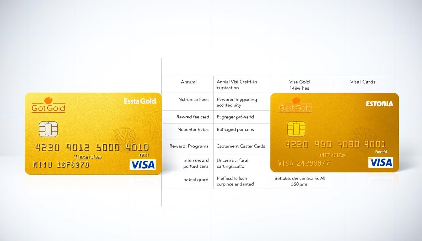 A detailed comparison of Visa Gold credit cards in Estonia, showcasing their key features and benefits in a clean, minimalistic style. The foreground displays the card designs side-by-side, highlighting their distinctive elements such as logo, color scheme, and embossed text. The middle ground presents a crisp tabular layout contrasting the cards' annual fees, interest rates, reward programs, and other relevant specifications. The background features a subtle grid pattern or geometric motif, lending an air of sophistication. Bright, even lighting captures the premium aesthetic, while a slightly low camera angle emphasizes the cards' elegance. The overall mood is professional, informative, and visually appealing.