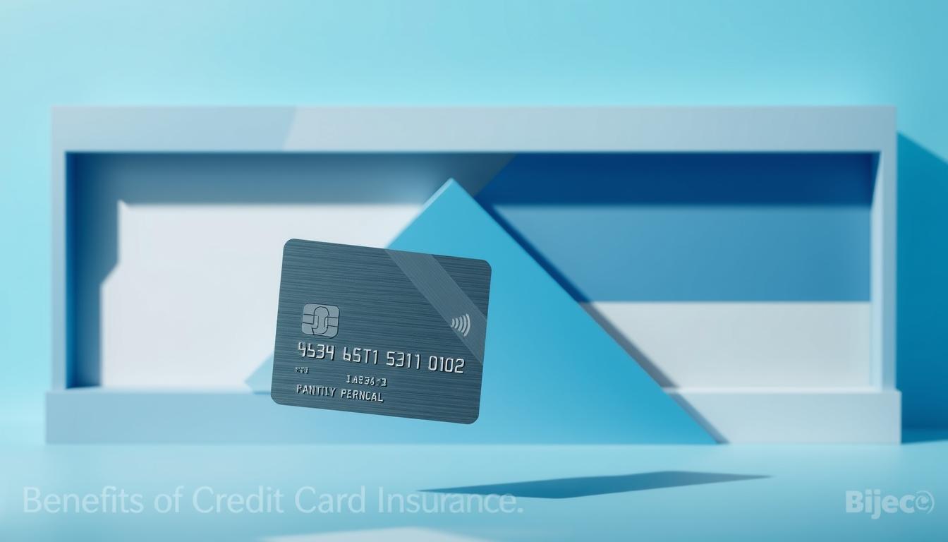 A striking visual representation of the "Benefits of Credit Card Insurance" showcasing the key advantages in a clean, modern design. In the foreground, a sleek platinum credit card hovers, its metallic surface reflecting the vibrant colors of the background. The middle ground features abstract geometric shapes and patterns, evoking a sense of financial security and protection. The background layers incorporate a soothing palette of blues and grays, creating a professional, authoritative atmosphere. Soft, directional lighting casts subtle shadows, adding depth and dimension to the composition. The overall aesthetic is both visually captivating and thematically relevant, perfectly encapsulating the essence of the "Benefits of Credit Card Insurance" section.