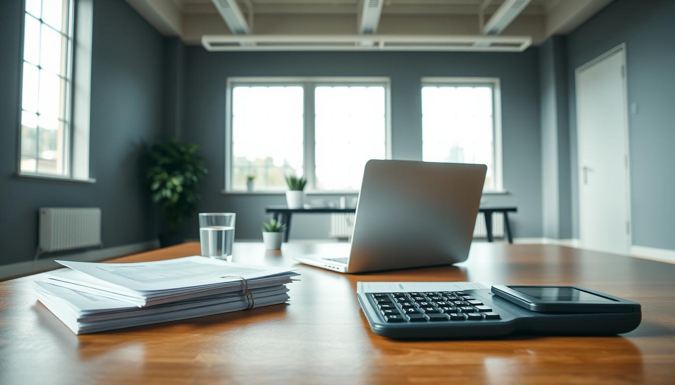 A detailed wide-angle shot of a modern office interior, with a minimalistic desk featuring a laptop, a desk plant, and a glass of water. The lighting is soft and natural, illuminating the workspace from large windows in the background. The walls are painted a calming gray, and the floors are polished hardwood. In the foreground, a stack of documents and a calculator symbolize the financial aspects of the scene. The overall mood is one of quiet productivity and contemplation, reflecting the subject matter of the article's section.