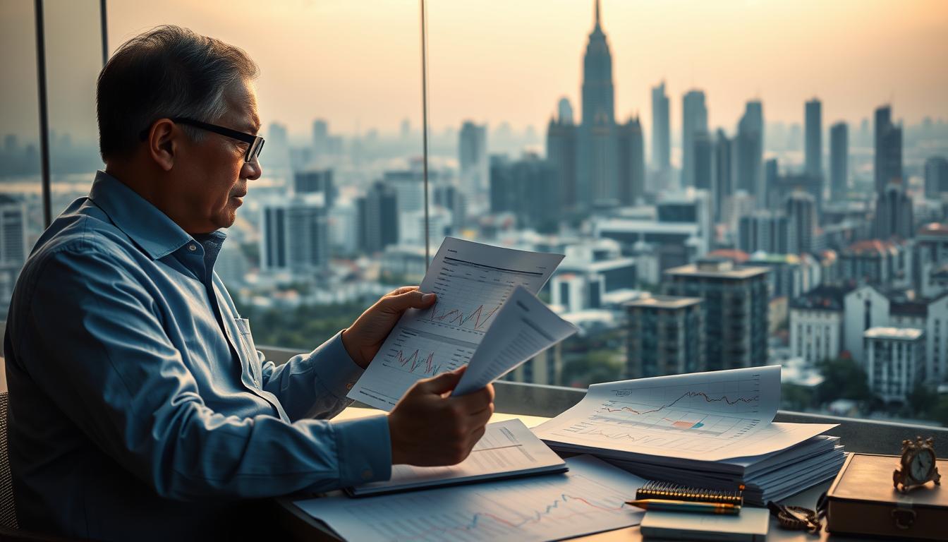 A serene, well-balanced financial scene depicting strategies for reducing investment risks in the Thai stock market. In the foreground, a wise investor examines stock charts and financial documents, thoughtfully considering their options. The middle ground showcases a diverse portfolio of stocks, bonds, and other investment vehicles, representing a balanced approach. The background features the iconic Bangkok skyline, hinting at the broader economic landscape. The lighting is soft and warm, creating a sense of tranquility and confidence. The composition emphasizes the importance of research, diversification, and prudent decision-making in navigating the Thai stock market.