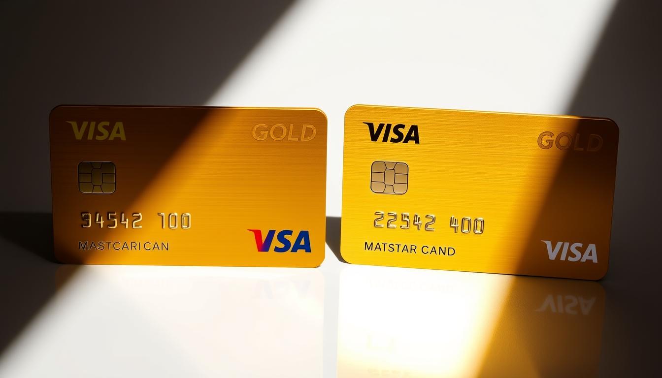 A high-contrast, side-by-side comparison of a Mastercard Gold and Visa Gold credit card, captured in a crisp, glossy product photography style. The cards are placed on a sleek, reflective surface, with dramatic lighting casting sharp shadows to emphasize their premium, metallic finishes. The image conveys a sense of luxury and financial status, allowing the viewer to carefully examine and contrast the visual details of these two elite payment options.