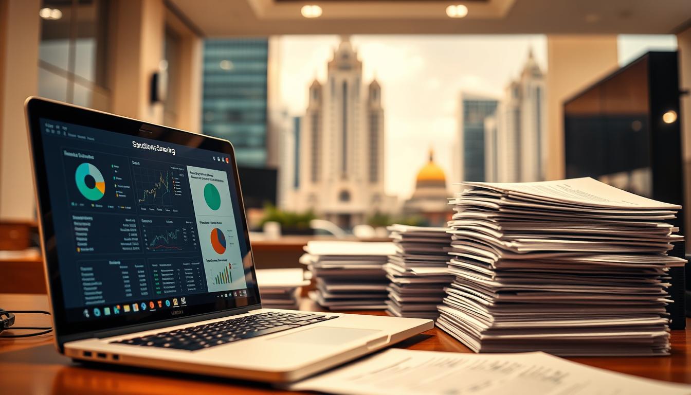A high-resolution image depicting a professional sanctions screening process in the Philippines. The foreground shows a laptop display with detailed KYC and AML compliance dashboards, monitored by a focused financial analyst. In the middle ground, stacks of paperwork and regulatory documents are neatly organized, conveying the rigorous processes involved. The background features the iconic architecture of Manila, blurred to emphasize the technical focus. Warm, neutral lighting and a serious, business-like atmosphere set the tone. Technical camera settings capture a shallow depth of field, drawing the viewer's attention to the vital on-screen information.