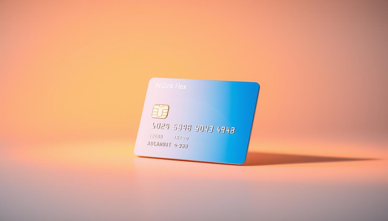 A sleek, modern credit card in a vibrant blue hue, glimmering under warm, directional lighting. The card is centered in the frame, captured at a slight angle to highlight its contours and embossed details. The background is a minimalist, muted gradient, allowing the card to take center stage. The overall composition conveys a sense of sophistication and accessibility, inviting the viewer to imagine the effortless application process for the WiZink Flex card.