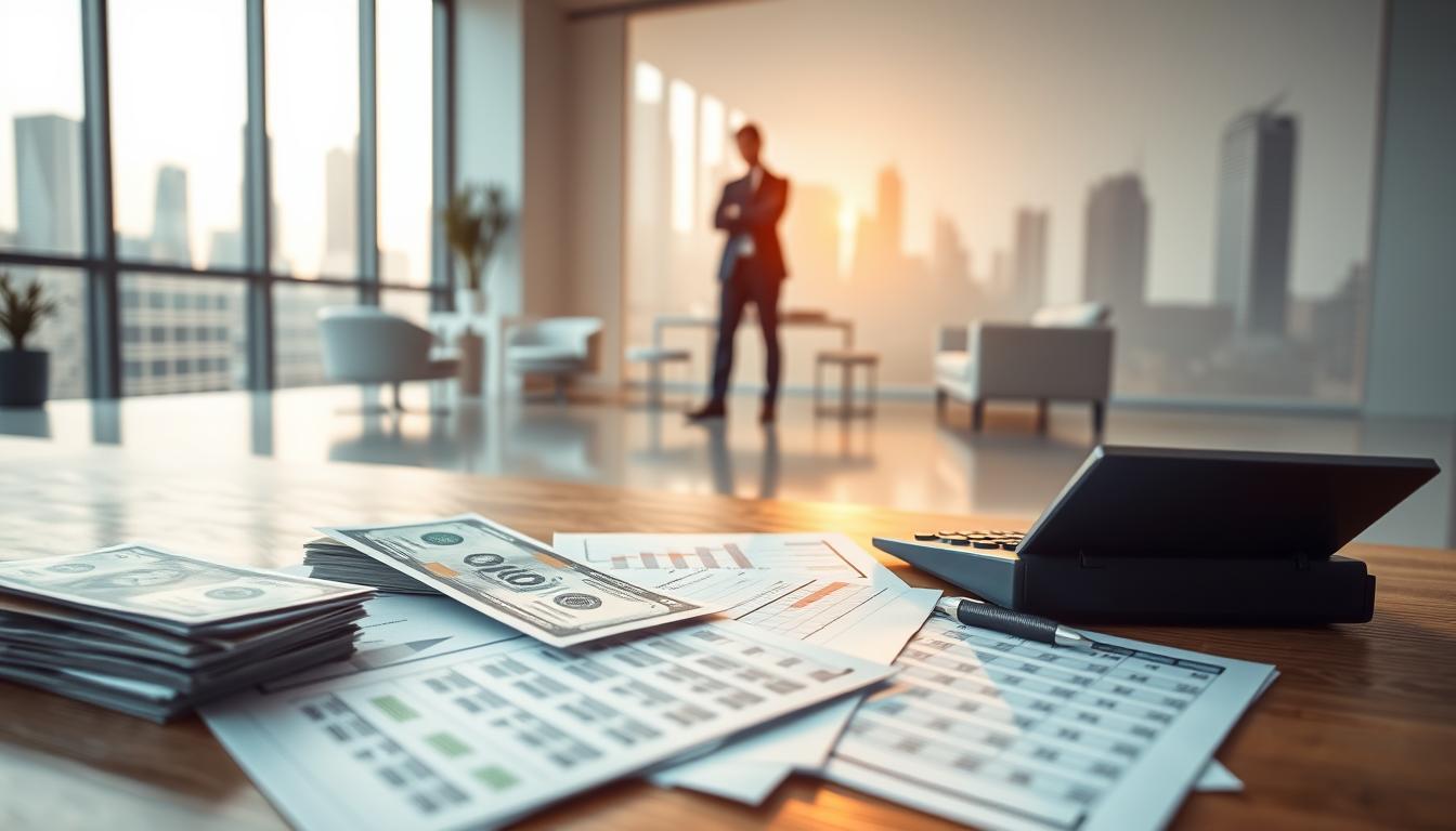 A serene financial landscape, with a central figure contemplating investment options amid a 13th-month salary windfall. The foreground depicts stacks of money, investment documents, and a calculator, suggesting the dilemma of how to wisely allocate this financial boon. In the middle ground, a modern, minimalist office setting with sleek furniture and natural light, evoking a professional, well-considered environment. The background features a cityscape with towering skyscrapers, hinting at the broader economic context. The lighting is soft and warm, creating a contemplative mood, while the camera angle is slightly elevated, allowing the viewer to observe the decision-making process from an objective perspective.