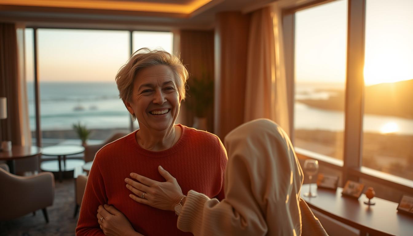 A well-lit, cinematic scene depicting two people sharing a positive experience with their Swedbank Visa Gold travel insurance. In the foreground, a middle-aged couple smiling and embracing, their expressions conveying relief and gratitude. In the middle ground, a cozy, modern hotel lobby with plush seating and warm lighting. In the background, a large window overlooking a scenic, coastal landscape bathed in golden hour sunlight. The overall mood is one of comfort, security, and the enjoyment of a worry-free travel experience, reflecting the real-life customer testimonials highlighted in the article.
