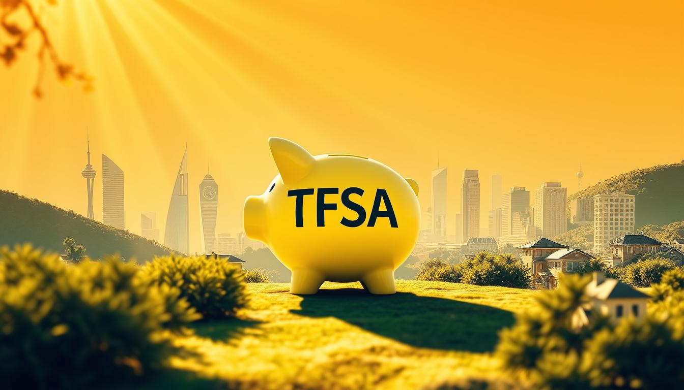 A sun-dappled financial landscape, with a vibrant TFSA piggy bank as the focal point. In the middle ground, diversified investment options like stocks, bonds, and real estate unfold, each casting dynamic shadows. The background showcases the iconic landmarks of South Africa, hinting at the country's economic potential. Warm, golden lighting bathes the scene, conveying a sense of opportunity and growth. The composition is balanced, with clean lines and a sense of depth, guiding the viewer's eye towards the central TFSA strategy display.