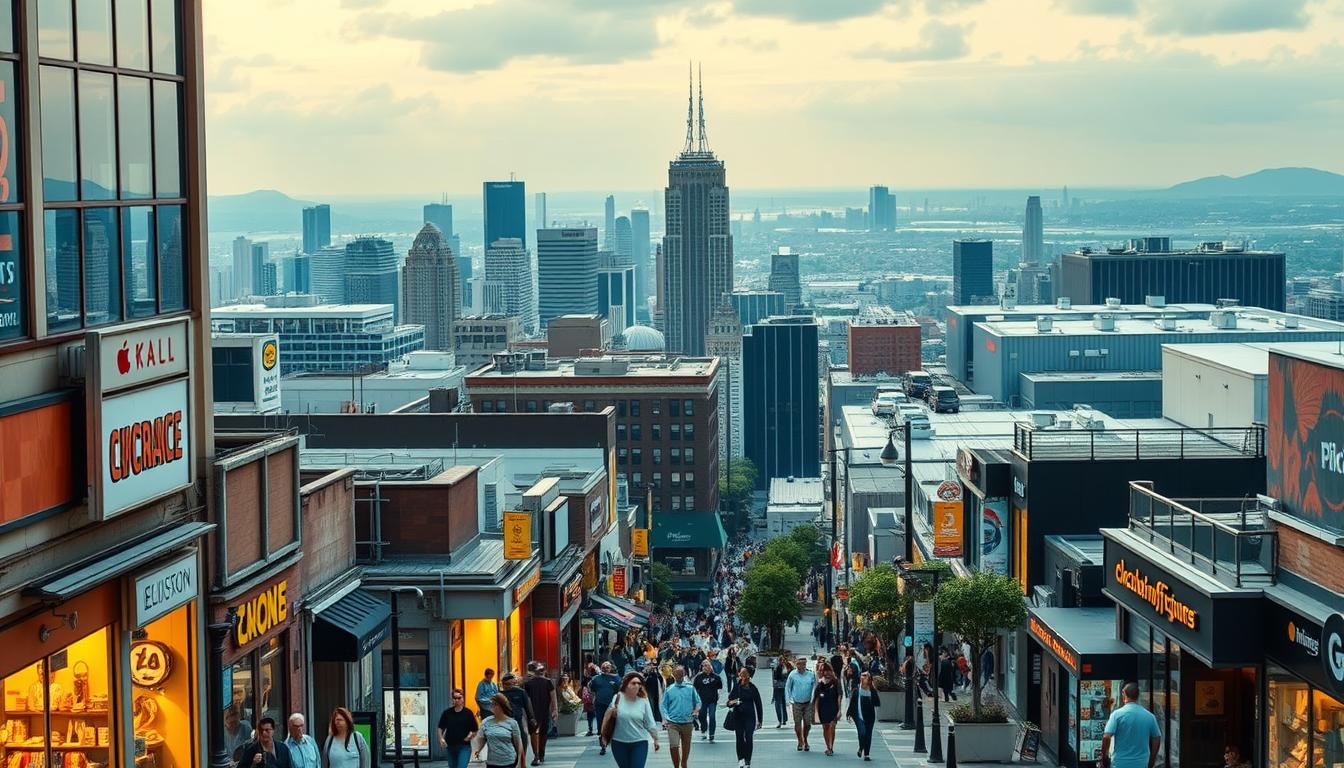 A bustling commercial district with a mix of traditional storefronts and modern e-commerce platforms. In the foreground, a variety of shops and businesses, their facades bathed in warm, golden light. Shoppers stroll along the sidewalks, carrying bags and interacting with digital displays. In the middle ground, towering office buildings and sleek, high-tech warehouses, reflecting the integration of brick-and-mortar and online retail. The background is a panoramic view of the city skyline, hinting at the vast reach and interconnectivity of the digital marketplace. The scene conveys a sense of vibrant economic activity, technological progress, and the evolving nature of commercial transactions.