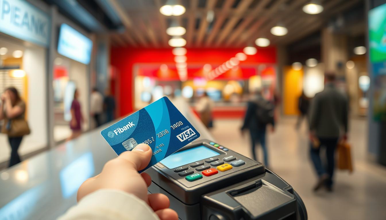 A modern, well-lit scene of a person using a Fibank Visa Classic card at a merchant's terminal in a foreign country. The foreground shows the hand holding the card against the payment device, with the card's distinctive design visible. The middle ground depicts the merchant's storefront or counter, creating a sense of an international setting. The background is blurred but suggests a bustling urban environment, with pedestrians and architectural details hinting at the traveler's location. The overall atmosphere conveys a sense of security, convenience, and confidence in using the card abroad.