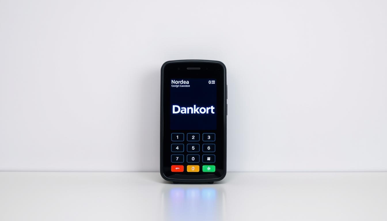 A secure, contactless Dankort payment terminal set against a clean, minimalist background. The terminal is well-lit, showcasing its sleek, modern design with a focus on the Dankort logo and payment interface. The overall atmosphere exudes a sense of trust, reliability, and the convenience of seamless digital transactions. The image aims to visually convey the key benefits of the Nordea Dankort, such as its security, ease of use, and the absence of fees for the cardholder.