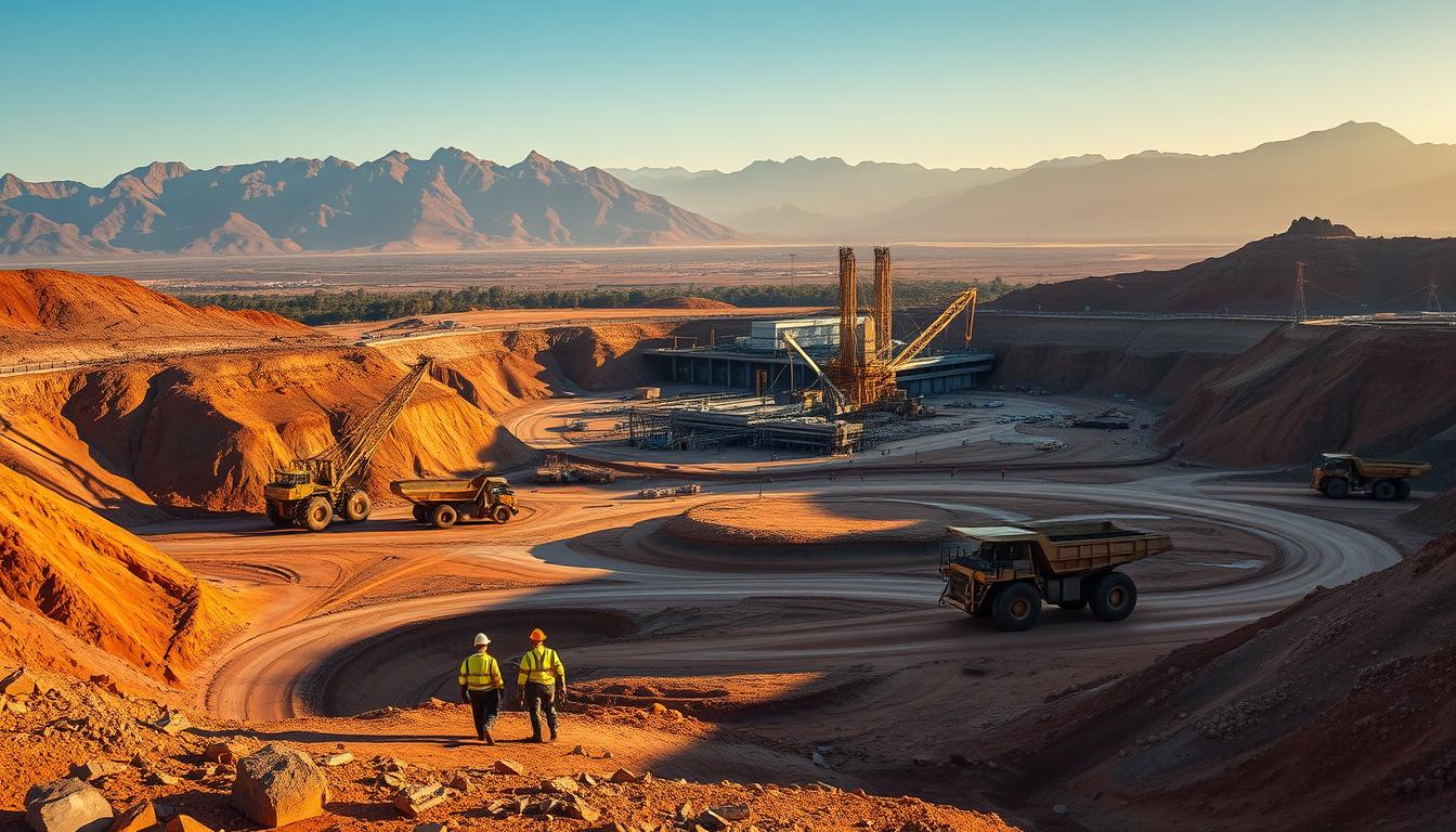 A vibrant open-pit mine nestled in the rugged South African landscape, with towering excavators and massive haul trucks extracting precious minerals from the earth. The scene is bathed in warm, golden sunlight, casting long shadows across the dusty terrain. In the foreground, a group of hardworking miners in reflective gear navigate the active worksite, while in the middle ground, a modern processing plant stands as a testament to the region's technological advancements. The background is dominated by the majestic silhouettes of distant mountains, hinting at the vast natural resources that have made this nation a global mining powerhouse.