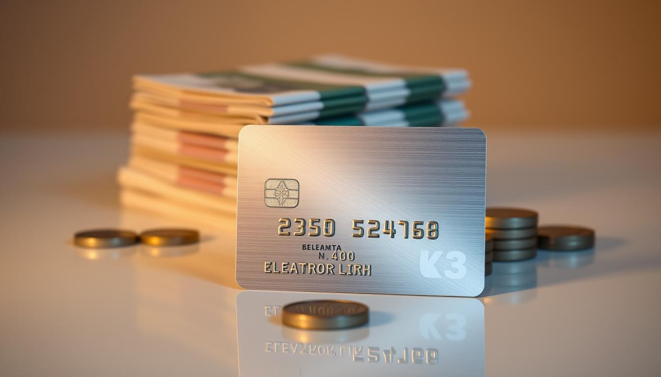 A sleek, metallic credit card with a modern, minimalist design sits prominently in the foreground, casting a subtle reflection on a glossy, reflective surface. The card is illuminated by a warm, diffused light, highlighting its clean lines and polished finish. In the middle ground, a stack of crisp, neatly organized bank notes and a few scattered Swedish kronor coins add depth and texture to the scene. The background is softly blurred, creating a sense of depth and focus on the central credit card element. The overall mood is one of sophistication, wealth, and the convenience of a cashback rewards program, perfectly suited for the "Bästa kreditkort för cashback och belöningar" section of the article.