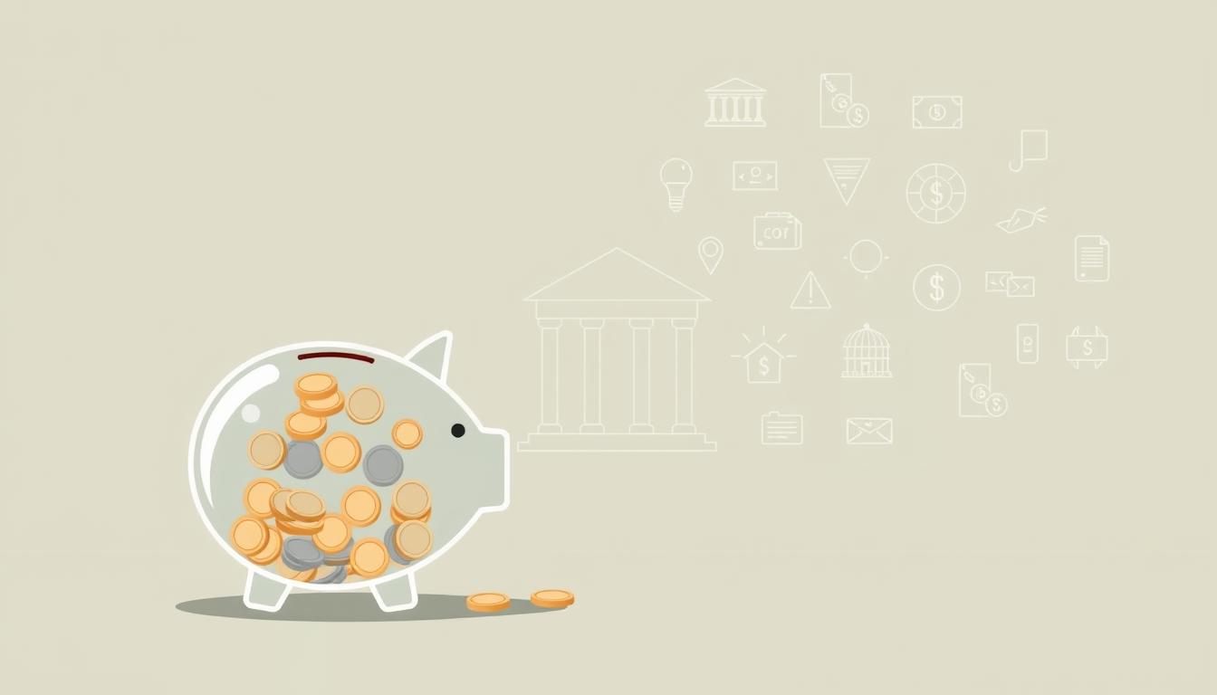 A modern, minimalist illustration depicting the hidden costs associated with an Italian bank account. In the foreground, a sleek, transparent piggy bank filled with various coins and bills, representing the cumulative fees and charges. The middle ground features a simple, geometric layout of bank-related icons and symbols, hinting at the complex financial landscape. The background showcases a muted, neutral color palette, conveying a sense of professionalism and practicality. The overall composition emphasizes the importance of understanding and managing these hidden costs to maximize the value of an Italian bank account.