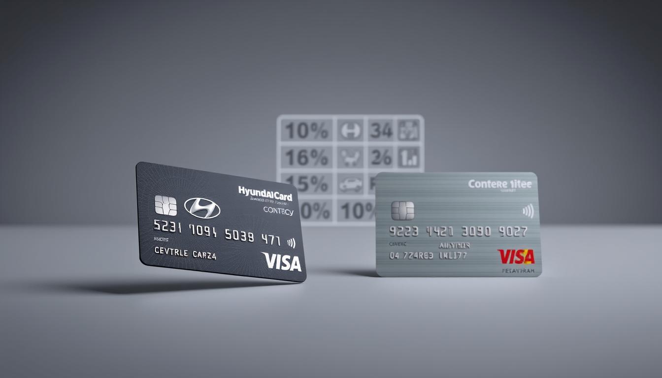 A sleek and modern financial comparison scene. In the foreground, two credit cards - the Hyundai Card Costco exclusive and a generic competitor card - displayed side-by-side on a minimalist gray background. The cards are shown at an angle, capturing their intricate designs and embossed logos. The middle ground features a subtle grid of numbers, percentages, and financial icons, hinting at the comparative analysis of benefits and features. The background is a soft, out-of-focus gradient, creating a sense of depth and focus on the central cards. Soft, directional lighting casts subtle shadows, adding depth and dimension to the composition. The overall mood is one of clean, sophisticated financial comparison.