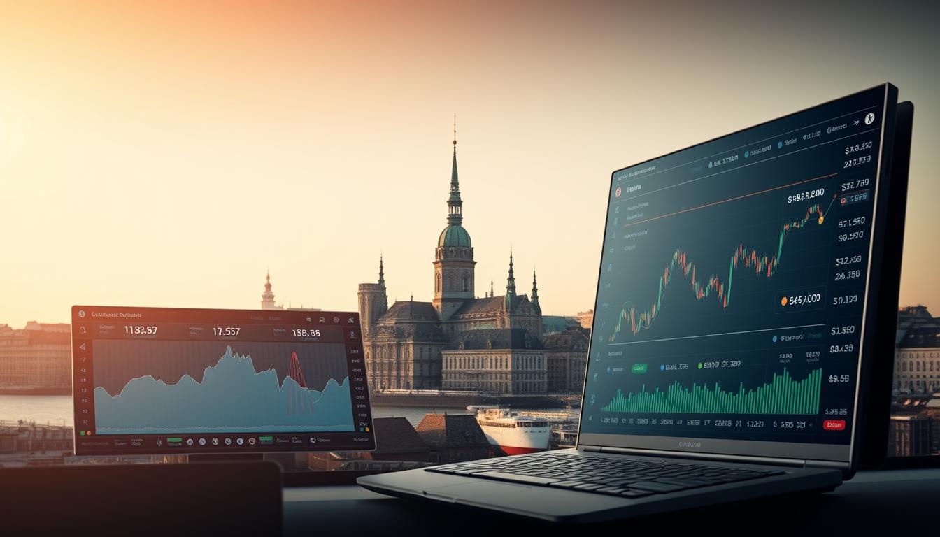 A modern, well-designed cryptocurrency trading platform set against the backdrop of the Danish cityscape. The foreground features a sleek, user-friendly interface with intuitive data visualizations and seamless order execution. The middle ground showcases the platform's security features, such as multi-factor authentication and cold storage options. In the background, the iconic Copenhagen skyline, including the recognizable spires of Christiansborg Palace, creates a distinctly Danish ambiance. The scene is illuminated by a warm, golden light, conveying a sense of trustworthiness and reliability. The overall composition strikes a balance between technological sophistication and the Danish aesthetic, reflecting the unique qualities of the nation's cryptocurrency trading landscape.