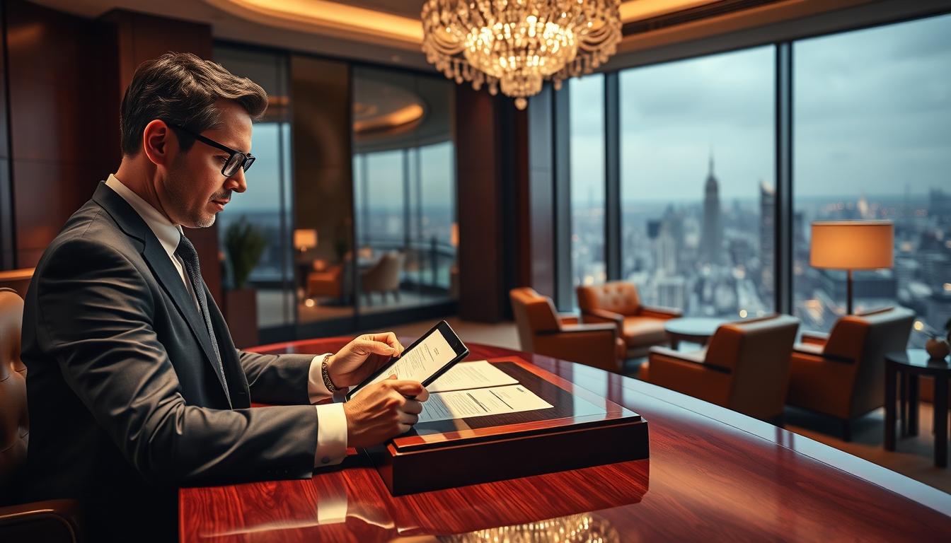 A sophisticated and elegant scene showcasing Mastercard Platinum benefits for premium clients. In the foreground, a well-dressed executive sitting at a polished mahogany desk, reviewing documents and accessing premium services on a sleek tablet device. The middle ground depicts a luxurious lounge area with plush leather seating and a crystal chandelier overhead, conveying an atmosphere of exclusivity and prestige. In the background, a panoramic view of a bustling city skyline, hinting at the global reach and status associated with the Mastercard Platinum card. Warm, directional lighting casts a refined glow, enhancing the sense of refined luxury. The composition and lighting work together to communicate the elevated experience and privileges reserved for Mastercard Platinum's discerning clientele.