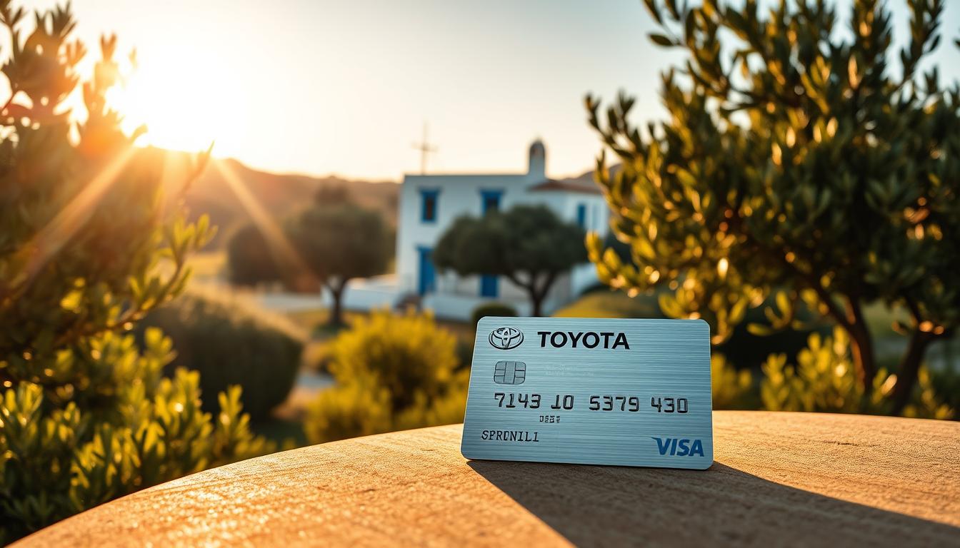 A crisp, clean image of a Toyota Visa credit card against a backdrop of a serene, sun-dappled Greek landscape. In the foreground, the card's metallic surface gleams, showcasing its sleek design and the prominent Toyota logo. Surrounding the card, lush greenery and olive trees frame the scene, evoking the tranquil ambiance of a Greek village. The middle ground features a picturesque white-washed building with blue accents, a nod to the iconic architecture of the region. Warm, golden sunlight filters through, casting a soft, inviting glow over the entire composition. The overall mood is one of elegance, comfort, and the harmonious fusion of modern finance and timeless Greek charm.