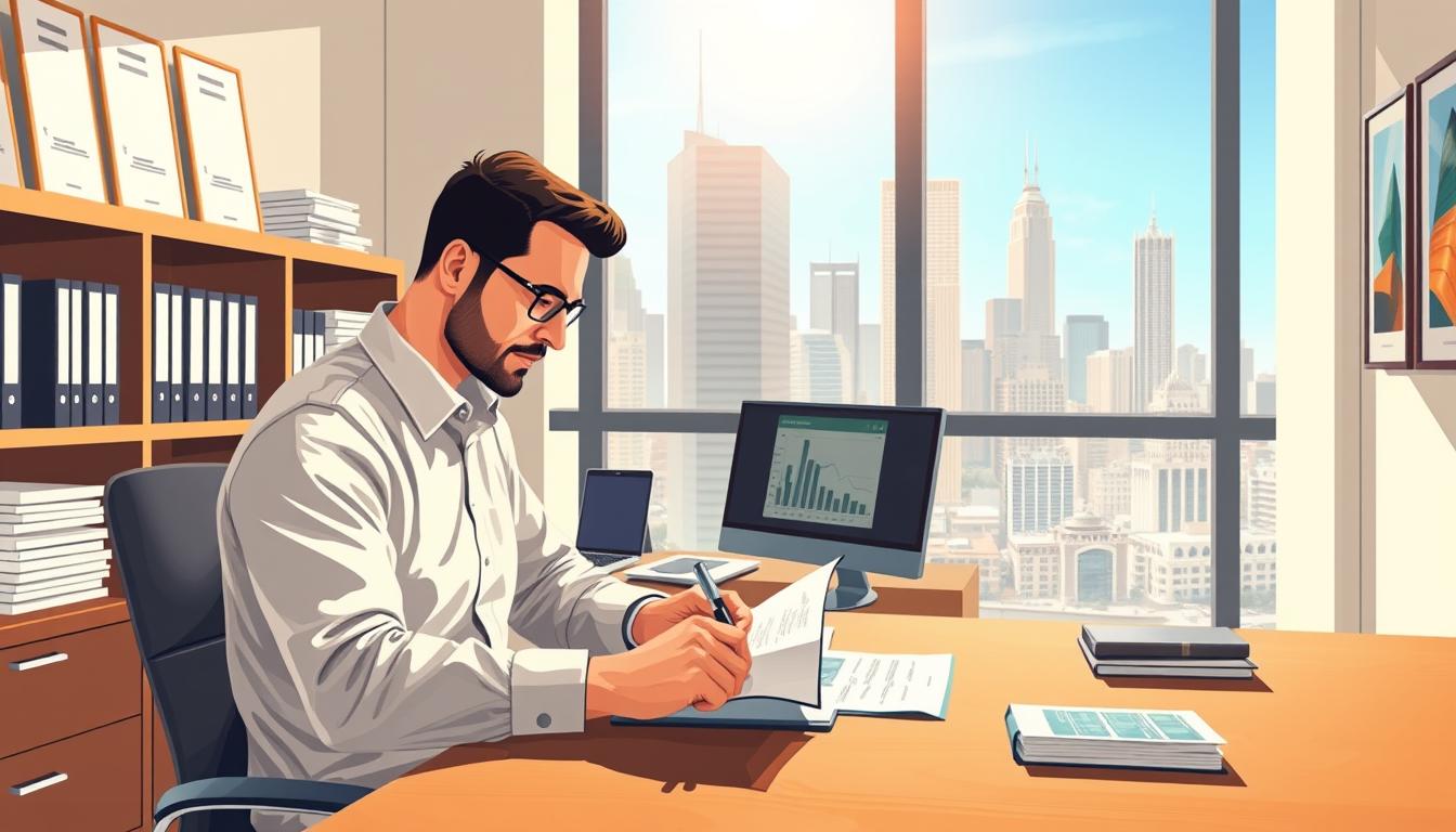 A well-lit, detailed illustration of a business plan loan company office. In the foreground, a professional-looking man sitting at a wooden desk, reviewing documents and writing in a notebook. Behind him, shelves of organized files and a computer monitor displaying financial projections. The middle ground features a window overlooking a bustling city skyline, with modern office buildings and a clear, blue sky. The background showcases a sleek, minimalist interior design with clean lines, neutral colors, and subtle artwork on the walls, conveying a sense of professionalism and confidence. The overall atmosphere is one of diligence, precision, and a commitment to helping businesses succeed through sound financial planning and responsible lending.