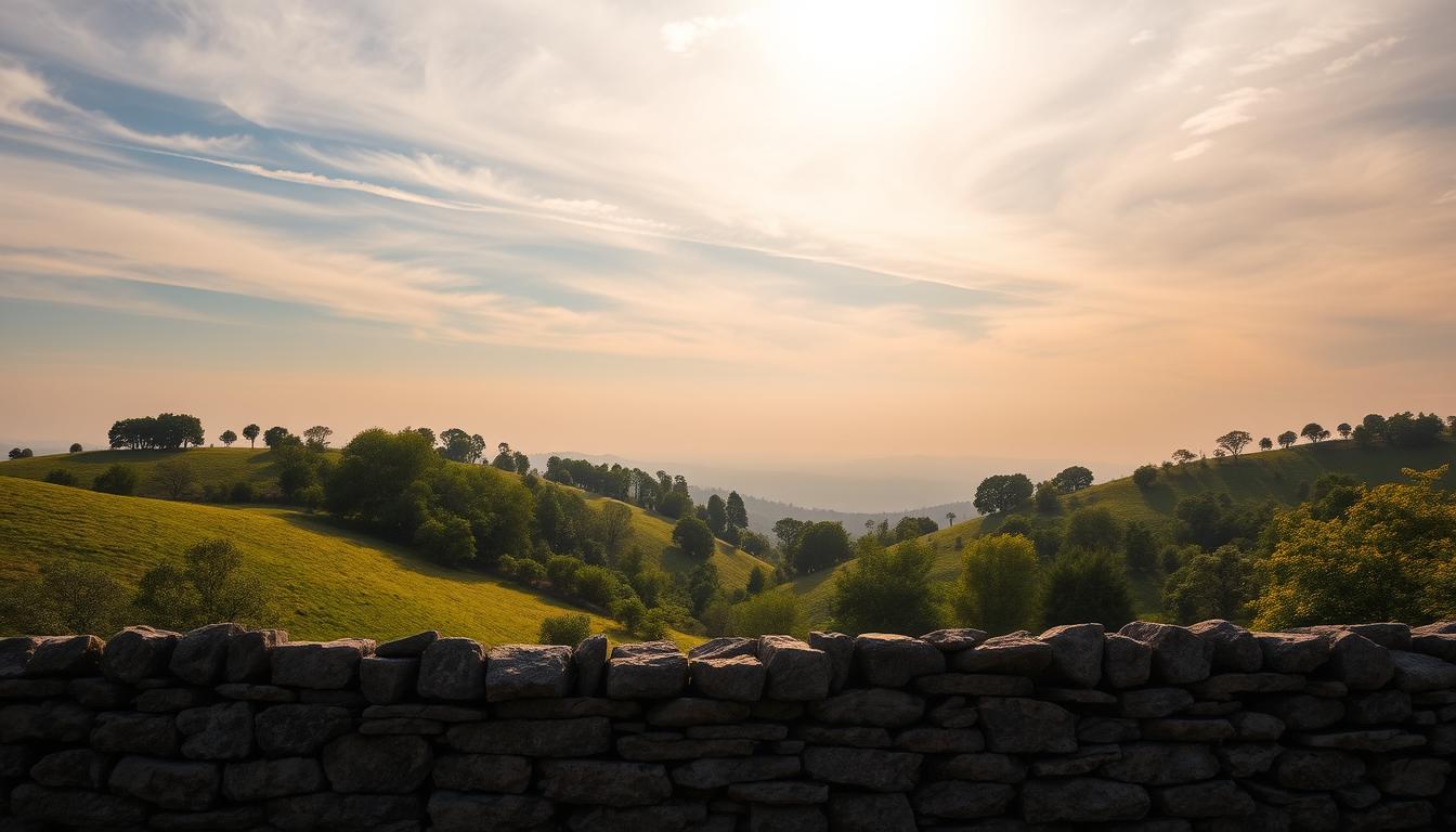 A serene landscape with a sturdy stone wall in the foreground, symbolizing the security and stability of investments. Behind it, rolling green hills dotted with trees, conveying a sense of natural harmony. The sky above is a soft, ethereal blue, with wispy clouds that suggest a tranquil atmosphere. Warm, golden sunlight filters through, casting a gentle glow over the scene. The composition is balanced and symmetrical, creating a sense of visual stability and reassurance. Overall, the image evokes a feeling of safety, reliability, and the peaceful coexistence of nature and financial security.