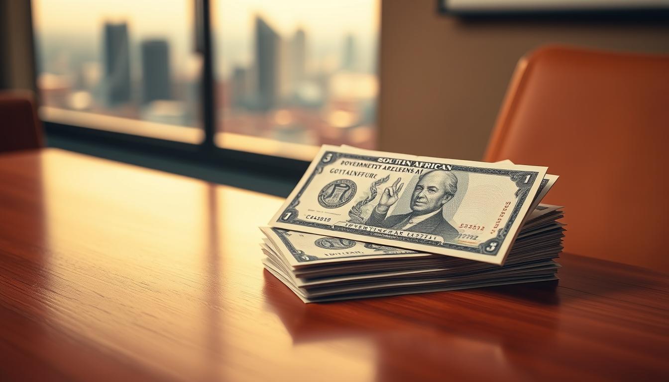 Striking South African bonds in a crisp, formal setting. A stack of government-issued debt securities rests on a polished wooden desk, illuminated by warm, directional lighting. The bonds feature intricate patterns and official seals, conveying a sense of stability and reliability. In the background, a subtle blurred cityscape of Johannesburg skyscrapers hints at the nation's economic might. The overall mood is one of financial gravitas, reflecting the importance of fixed-income investments in a diversified portfolio. A clean, elegant composition that showcases the allure of South African debt instruments.
