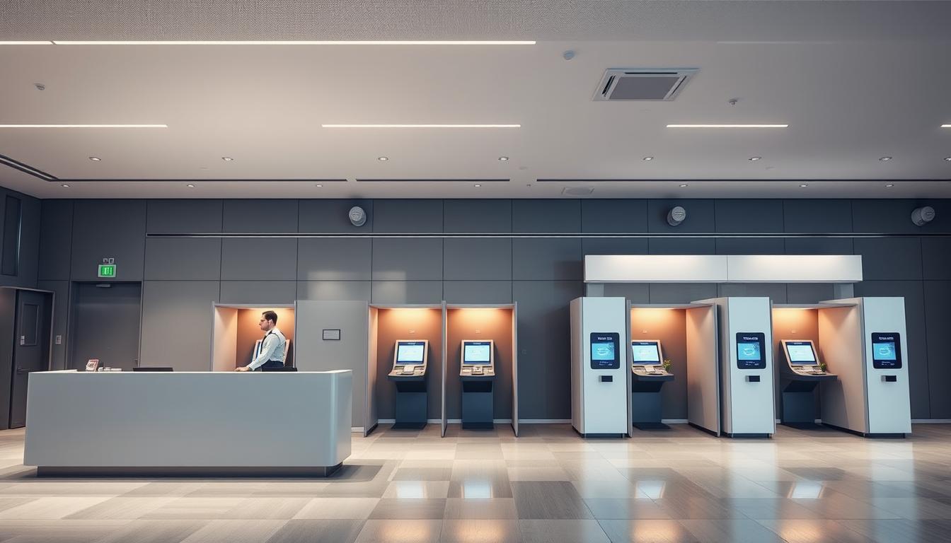 A secure, modern bank interior with a focus on privacy and customer protection. The foreground depicts a sleek, minimalist reception desk with a discreet security guard standing nearby. The middle ground showcases an array of self-service kiosks and private consultation booths, each designed to safeguard sensitive information. The background features high ceilings, muted lighting, and clean lines, conveying a sense of professionalism and trustworthiness. Subtle security cameras and access controls are seamlessly integrated, ensuring the safety and privacy of bank patrons. The overall atmosphere exudes a reassuring blend of efficiency, discretion, and robust protective measures, befitting a leading financial institution in Denmark.