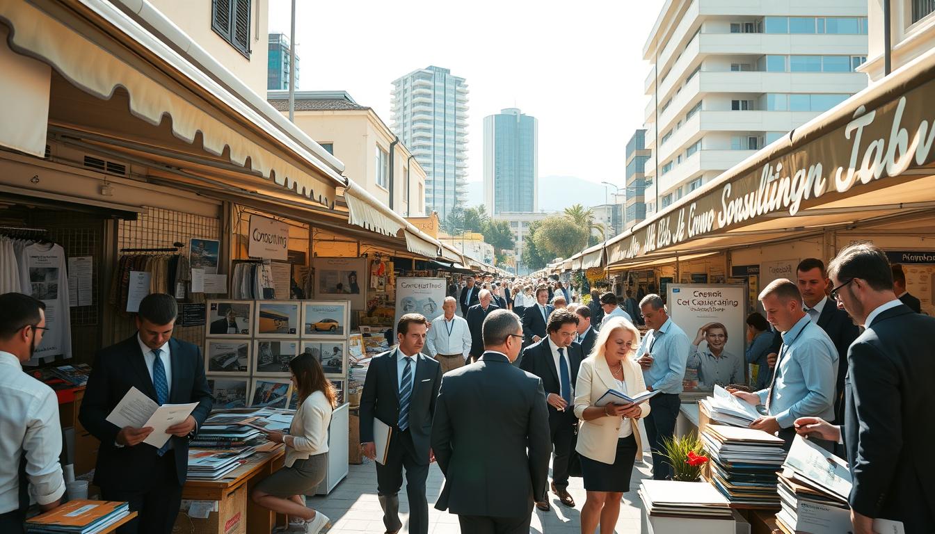 A bustling Greek marketplace, sunlight filtering through the stalls and canopies, showcasing a vibrant array of consulting services. Professionals in suits and ties discuss contracts and strategies, while clients peruse portfolios and brochures. The scene exudes an air of collaboration and expertise, with a touch of Mediterranean charm. Sleek office buildings loom in the background, hinting at the thriving business district. The composition emphasizes the dynamism and growth of the Greek consulting industry, captured through a cinematic, high-angle perspective that conveys the scale and energy of this commercial hub.