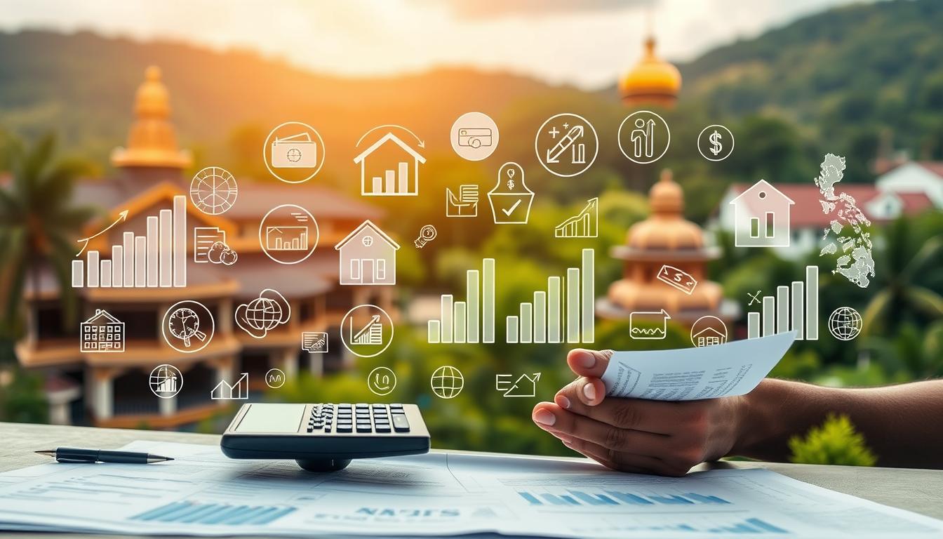 A detailed personal finance plan set against the backdrop of the Philippines. In the foreground, a person reviewing financial documents, calculator in hand, with a look of deep concentration. In the middle ground, various financial icons and graphs depicting investment portfolios, savings accounts, and insurance policies. The background features the distinct architecture and lush greenery of the Philippines, conveying a sense of stability and growth. Soft, warm lighting illuminates the scene, creating an atmosphere of thoughtfulness and diligence. The overall composition highlights the importance of a well-crafted personal finance strategy in the context of the Philippines' financial landscape.