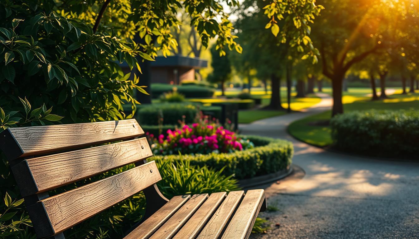 A tranquil, sun-dappled scene of a wooden park bench nestled among lush, verdant foliage. The foreground features the weathered, rustic bench, inviting passersby to pause and contemplate their savings for the future. In the middle ground, a beautifully manicured garden with vibrant flowers and shrubbery adds a sense of calm and growth. The background depicts a serene, tree-lined path leading deeper into the park, creating a peaceful, contemplative atmosphere. Warm, golden light filters through the branches, casting a soft glow over the entire scene. The overall composition evokes a sense of long-term investment, financial security, and the importance of nurturing one's financial future, much like tending to a thriving garden.