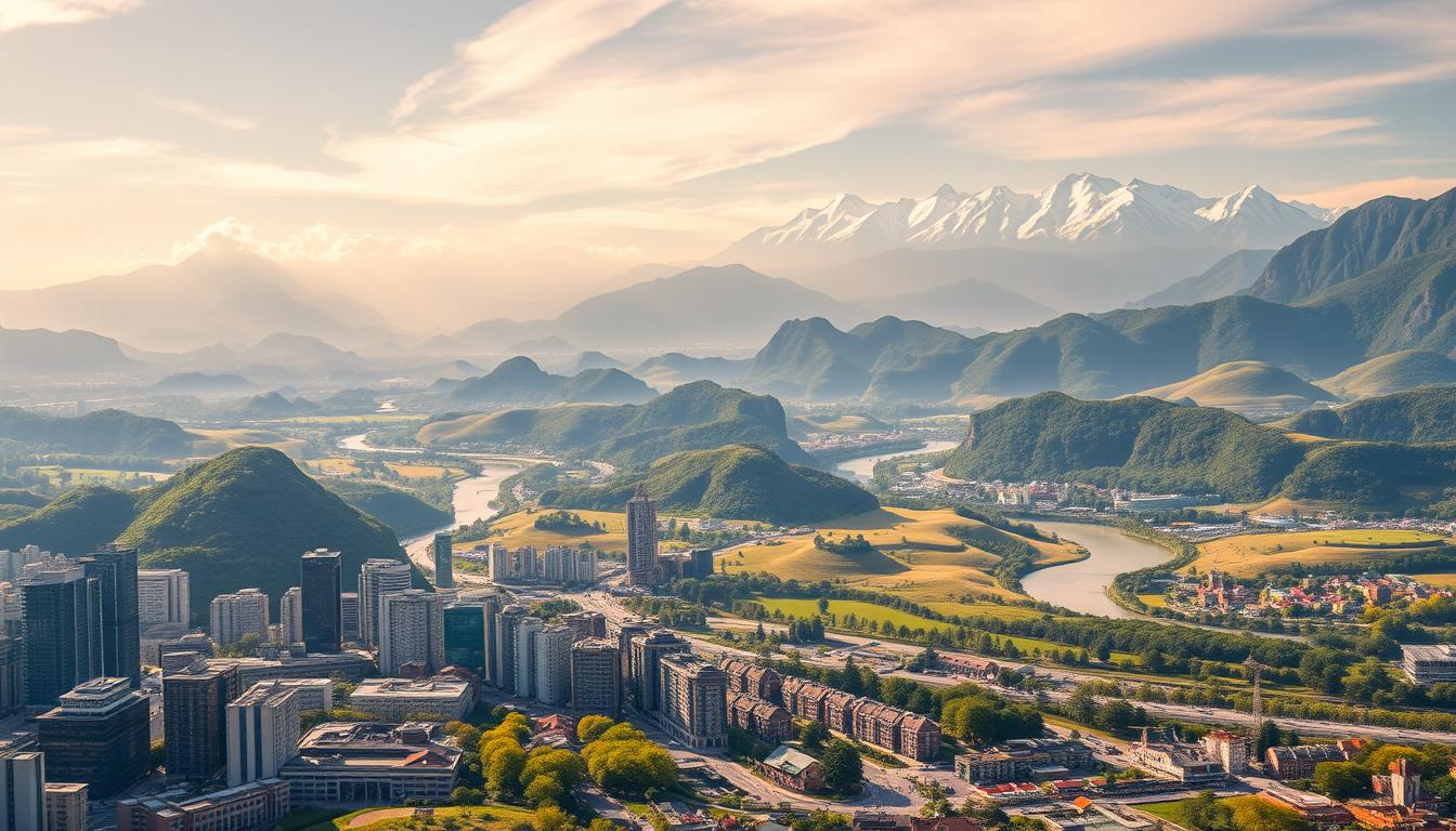 An expansive, lush landscape depicting the "friendly factors of economic growth". In the foreground, a thriving cityscape with towering skyscrapers, bustling streets, and people going about their daily lives. The middle ground features rolling hills dotted with verdant forests and winding rivers, symbolizing the natural resources and geographical advantages that facilitate economic progress. The background showcases majestic, snow-capped mountains, bathed in warm, golden light, representing the stable political and social institutions that create a nurturing environment for economic growth. The scene radiates a sense of harmony, balance, and prosperity, conveying the "friendly" influences that foster a vibrant, thriving economy.