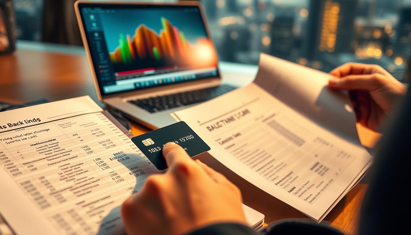 A detailed accounting ledger page displays the "ตรวจสอบเงินคืน" process, illuminated by warm, directional lighting. In the foreground, a person's hands carefully review bank statements and receipts, meticulously cross-checking expenses. The middle ground features a sleek, modern credit card and an open laptop displaying transaction history. In the background, a blurred cityscape suggests the broader financial landscape. The overall mood is one of focused diligence, as the individual ensures accurate reconciliation of their Cash Back Plus Card account.