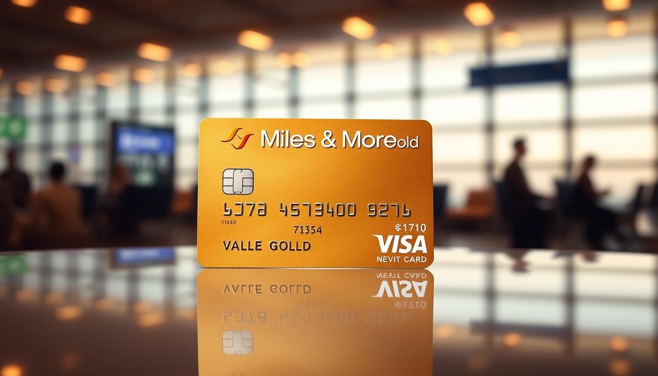 A striking image of the "Miles & More Visa Gold" credit card, showcasing its luxurious design and prestigious status. The card is depicted in the foreground, resting on a sleek, reflective surface that captures its metallic sheen and intricate details. The background features a soft, out-of-focus image of an airport terminal or lounge, conveying a sense of travel and the rewards associated with the card. The lighting is warm and sophisticated, creating a sense of elegance and exclusivity. The composition is carefully balanced, drawing the viewer's attention to the card's central position and its prominent branding.