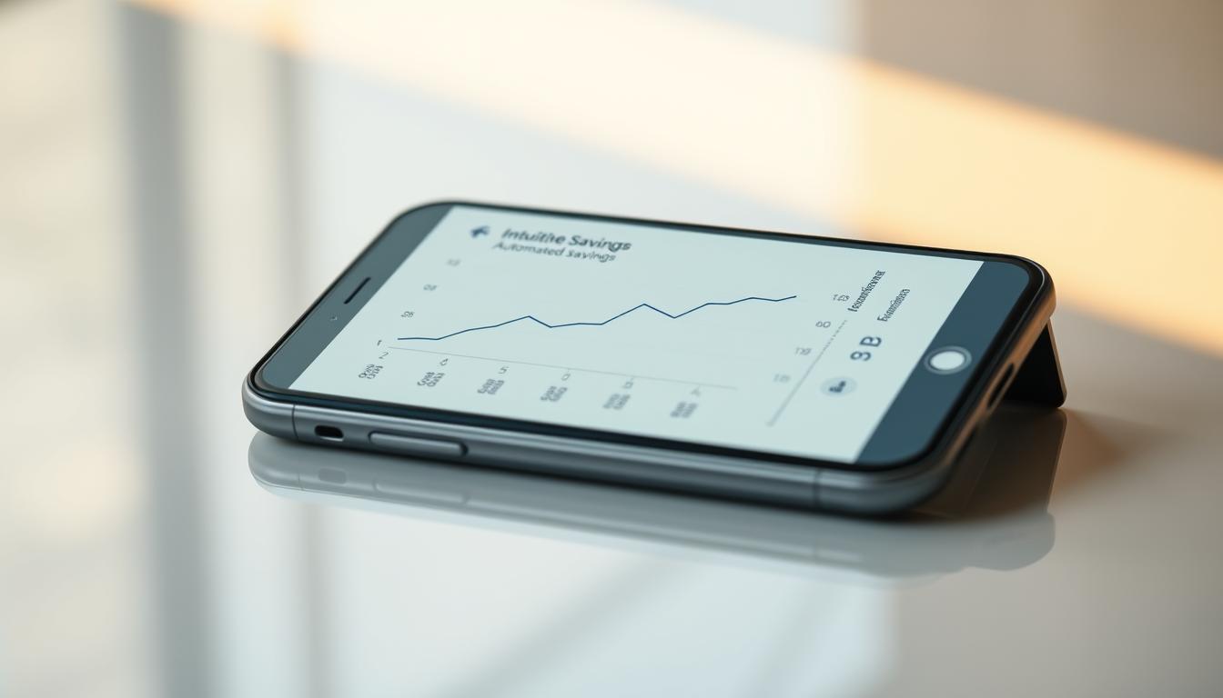 A mobile device in a minimalist, modern setting, displaying an intuitive interface for automated savings. The screen shows a simple graph tracking financial growth, with clean icons and typography. The device is subtly reflected on a glossy, reflective surface, creating a sense of depth and technological sophistication. Warm, natural lighting casts soft shadows, conveying a sense of calm and confidence in the digital savings experience. The overall composition emphasizes the seamless integration of technology and personal finance, reflecting the section's focus on digital tools supporting traditional banking.