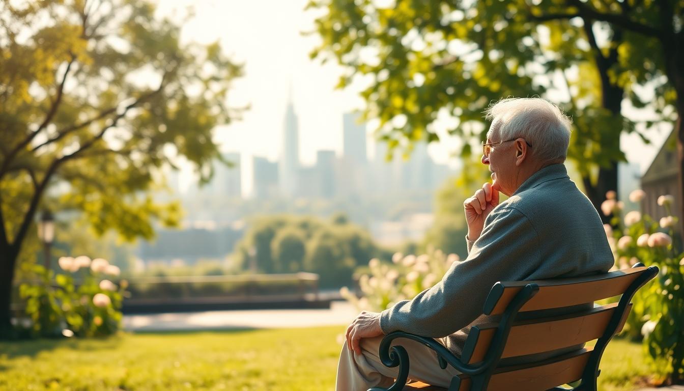 A serene, sun-dappled scene of a pensioner contemplating their retirement strategy. In the foreground, an elderly person sits on a park bench, deep in thought, surrounded by lush greenery and blooming flowers. The middle ground features a picturesque city skyline in the distance, hinting at the prosperity and security of a well-planned pension. Warm, soft lighting casts a tranquil ambiance, conveying a sense of financial stability and contentment. The composition is balanced, with the pensioner as the focal point, inviting the viewer to consider their own retirement journey and the importance of strategic pension planning.