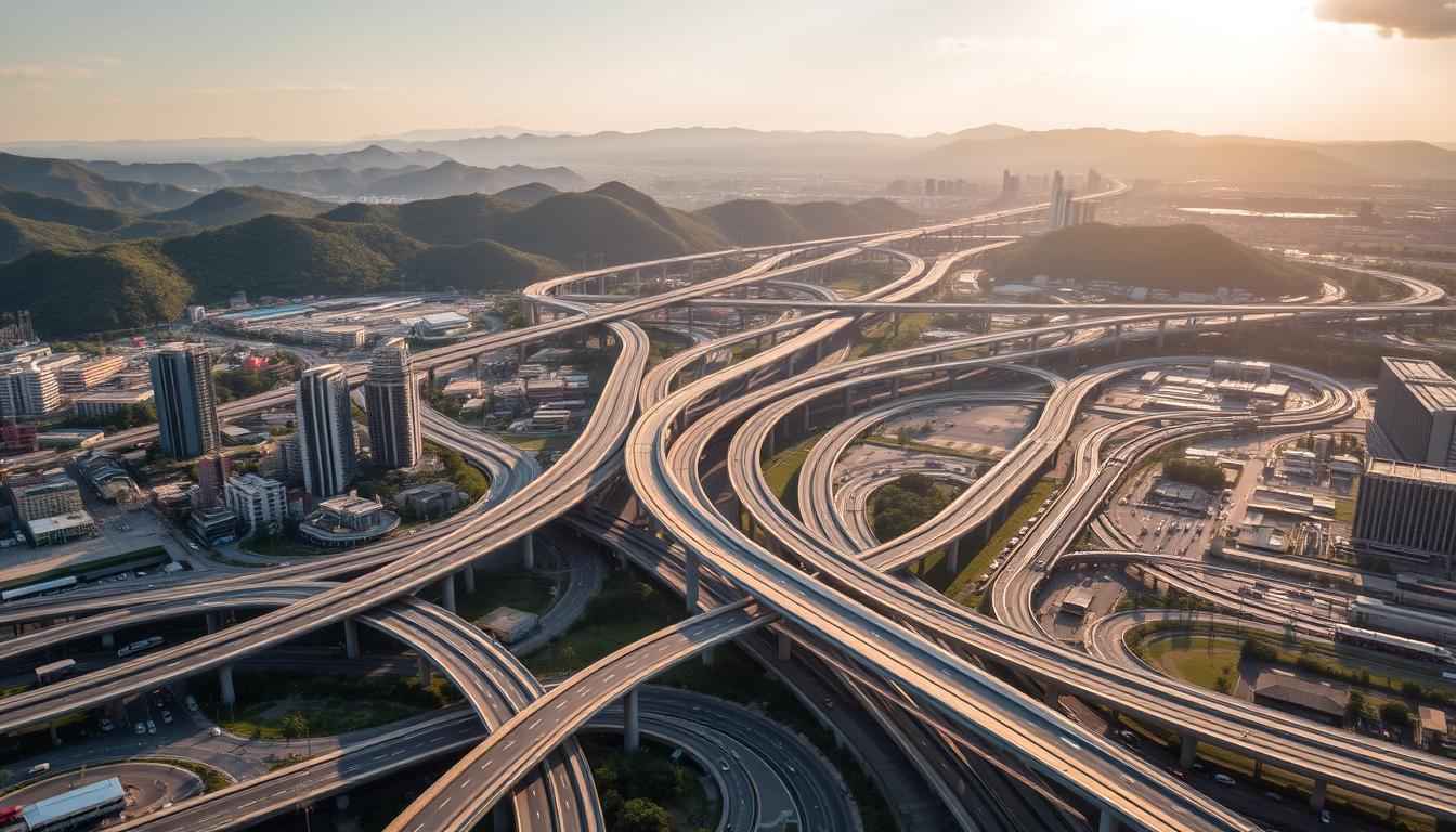 A sweeping aerial view of the Philippine infrastructure landscape, bathed in warm, golden sunlight. In the foreground, a bustling network of highways, bridges, and interchanges connect the urban centers. Towering skyscrapers and modern commercial buildings punctuate the skyline, reflecting the government's commitment to economic growth. In the middle ground, a sprawling network of railways, metro systems, and public transportation hubs enable efficient movement of people and goods. In the background, lush green hills and mountains provide a scenic backdrop, highlighting the country's natural beauty. The scene conveys a sense of progress, dynamism, and the vital role of government in shaping the nation's economic infrastructure.