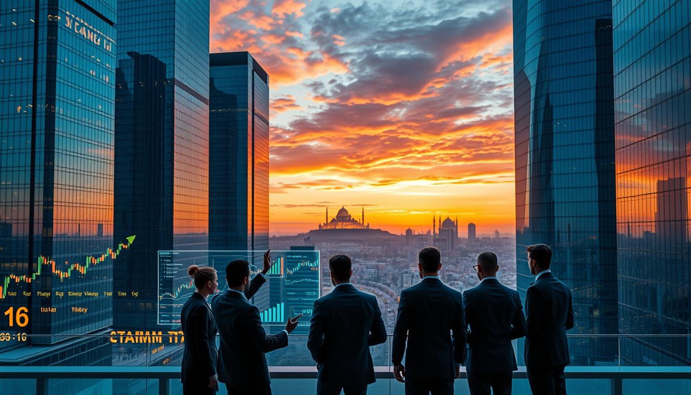 A bustling financial district with towering glass skyscrapers, reflecting the vibrant hues of the setting sun. In the foreground, a group of well-dressed professionals engaged in lively discussions, gesturing towards holographic displays of stock charts and investment strategies. The middle ground features a sleek, modern conference room, where a team of analysts pore over financial data, their faces illuminated by the glow of their computer screens. In the background, a sweeping panoramic view of the city skyline, with the iconic silhouette of the Amman Citadel standing tall against the horizon, symbolizing the timeless traditions of investment that underpin the modern financial landscape.