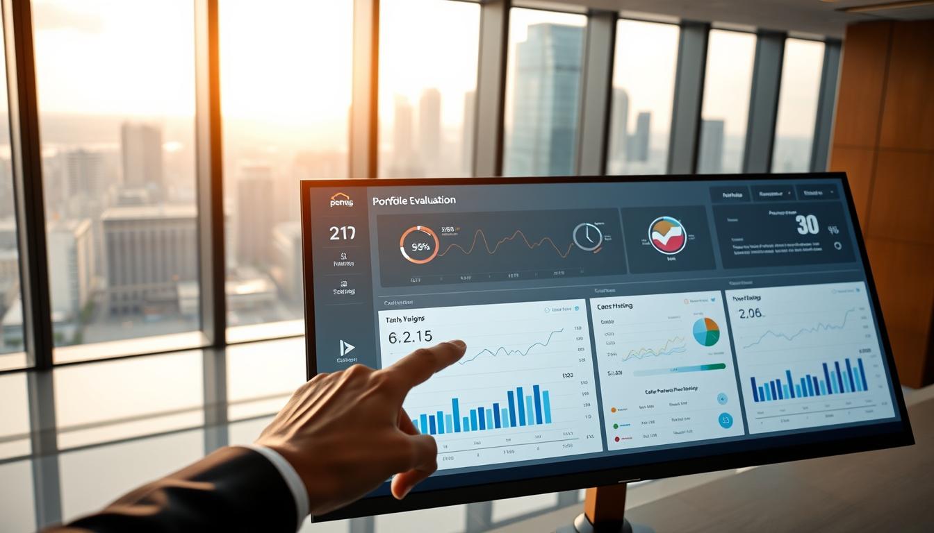 A sleek, modern portfolio evaluation dashboard presented on a large, high-resolution display. The screen shows a clean, minimalist interface with interactive graphs, charts, and analytics tools for reviewing investment performance. The foreground features a professional hand navigating the touchscreen interface, while the background showcases a sophisticated office setting with floor-to-ceiling windows overlooking a bustling city skyline. Soft, diffused lighting casts a warm, thoughtful atmosphere, accentuating the careful consideration of financial decisions. The overall scene conveys a sense of expert financial management, strategic planning, and data-driven insights to optimize investment portfolios.