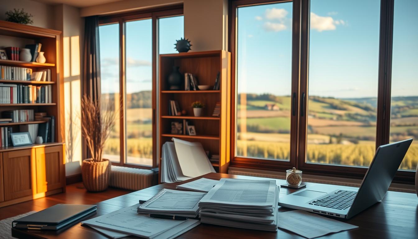 A cozy home interior with large windows overlooking a picturesque Estonian landscape. In the foreground, a well-organized home office setup with a laptop, ledgers, and financial documents, suggesting productive savings strategies. The middle ground features a stylish wooden bookshelf filled with books and decorative items, conveying a sense of diligent financial planning. The background showcases a serene, rolling countryside with lush greenery and a distant village, evoking a tranquil, countryside atmosphere. The lighting is warm and natural, creating a welcoming and inviting ambiance. The overall scene reflects a harmonious balance between productivity, organization, and the peaceful, scenic beauty of Estonia.