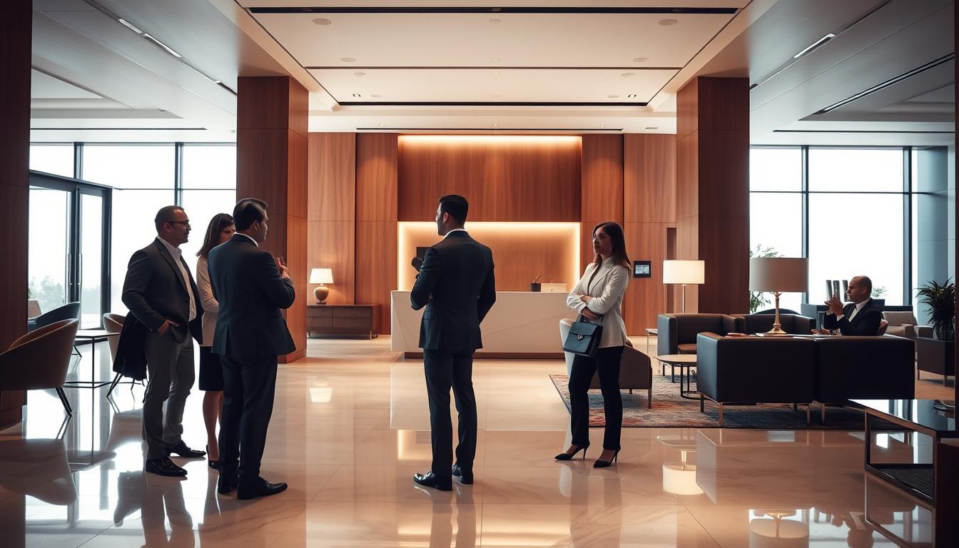 A sophisticated banking lobby with sleek, modern furnishings and a warm, inviting atmosphere. In the foreground, a group of well-dressed, professional-looking individuals engaged in thoughtful discussion, conveying a sense of exclusivity and personalized service. The middle ground features a minimalist, minimalist-inspired desk or reception area, with clean lines and polished surfaces. The background showcases large windows, allowing natural light to flood the space and create a sense of openness and refinement. The overall composition suggests an environment tailored for a select, discerning clientele seeking exceptional banking experiences.