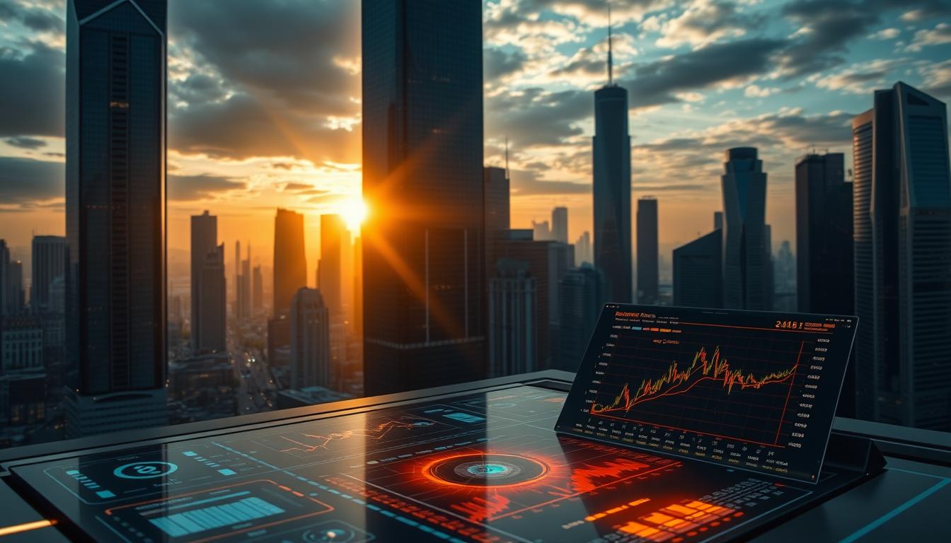 A high-tech financial hub, with towering skyscrapers casting long shadows across a bustling cityscape. In the foreground, a sleek, futuristic dashboard displays real-time stock data and market analytics, illuminated by the warm glow of holographic projections. Amidst the seamless integration of technology and wealth management, a sense of precision, efficiency, and control pervades the scene. The overall atmosphere is one of modern sophistication, where the power of cutting-edge finance and innovation coalesce to shape the future of asset management.