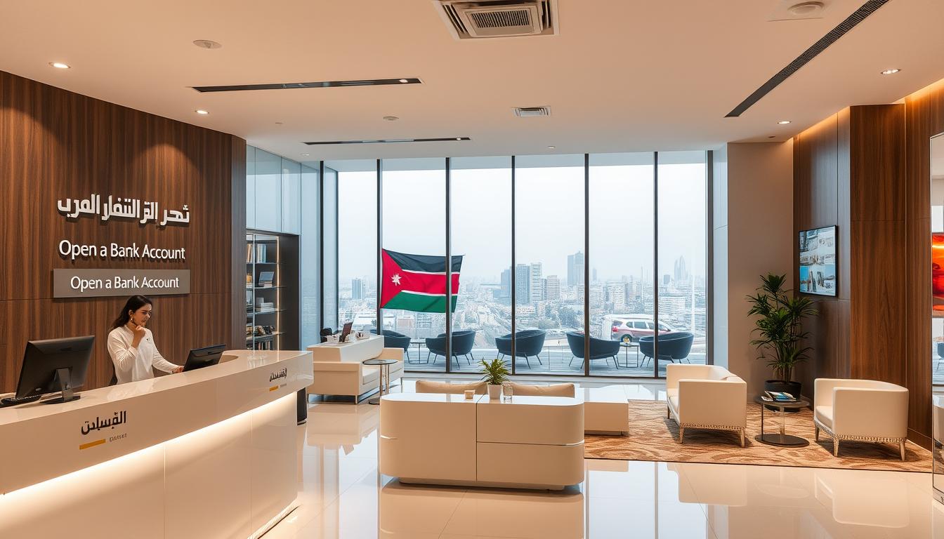 A modern banking office interior in Amman, Jordan, with a warm, professional atmosphere. In the foreground, a customer service counter with a friendly bank employee assisting a Jordanian customer. On the walls, minimalist Arabic and English signage indicating "Open a Bank Account." The middle ground features sleek, contemporary furniture and decor, with a view of the Jordanian flag and the city skyline through large windows. The lighting is soft, with a mix of natural and artificial sources, creating a welcoming ambiance. The overall scene conveys the efficiency, reliability, and cultural sensitivity of banking in the Hashemite Kingdom of Jordan.