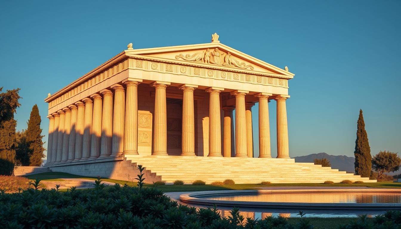 A majestic Greek temple, its marble columns and pediment bathed in warm sunlight, stands against a backdrop of a clear azure sky. Intricate carvings and reliefs adorn the façade, depicting ancient Greek figures and symbols. In the foreground, a serene, landscaped garden with lush greenery and a tranquil reflecting pool create a sense of harmony and timelessness. The overall scene evokes the rich cultural heritage and the enduring legacy of Greece's legal system and regulatory frameworks.