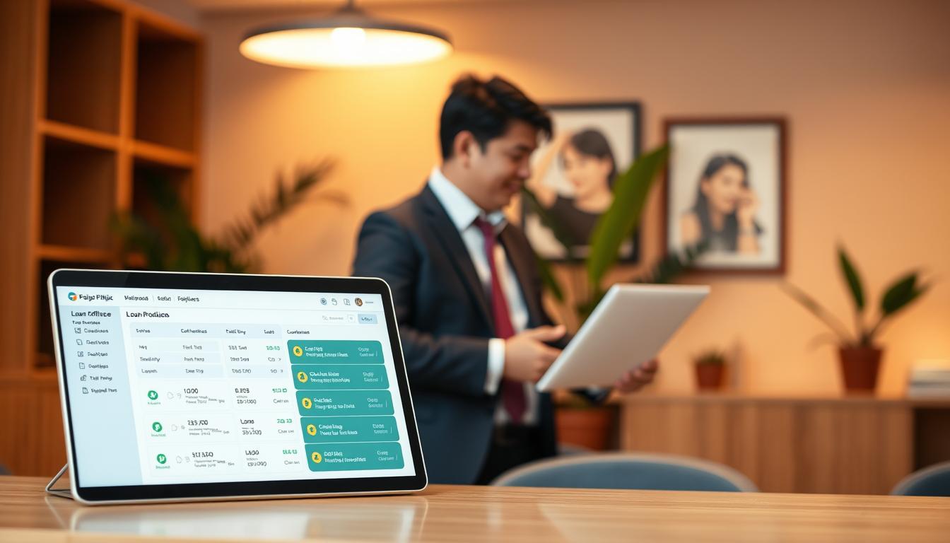 A modern, minimalist loan product design set against a warm, inviting backdrop. In the foreground, a clean, sleek user interface displays various loan options and features, all presented in a simple yet visually appealing manner. The middle ground showcases a professional loan officer, dressed in business attire, engaged in a friendly consultation with a client. In the background, a blurred office setting with warm lighting and subtle Filipino cultural elements, such as tropical plants or Filipino-inspired artwork, creates a sense of place and authenticity. The overall atmosphere conveys professionalism, trust, and a focus on customer-centric loan solutions.