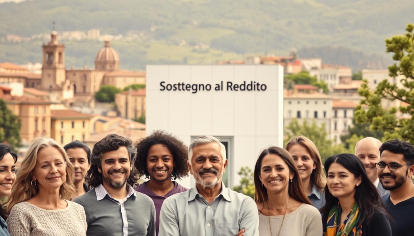 A peaceful and harmonious scene of financial support in Italy. In the foreground, a group of diverse individuals stand together, their expressions conveying a sense of relief and security. They are surrounded by a warm, soft light that gently illuminates their faces. In the middle ground, a modern, minimalist building with a prominent sign reading "Sostegno al Reddito" stands as a symbol of the government's commitment to providing economic assistance. The background features a picturesque Italian cityscape, with historic architecture and lush greenery, creating a serene and inviting atmosphere. The overall composition evokes a feeling of stability, community, and the Italian government's dedication to supporting its citizens' well-being.