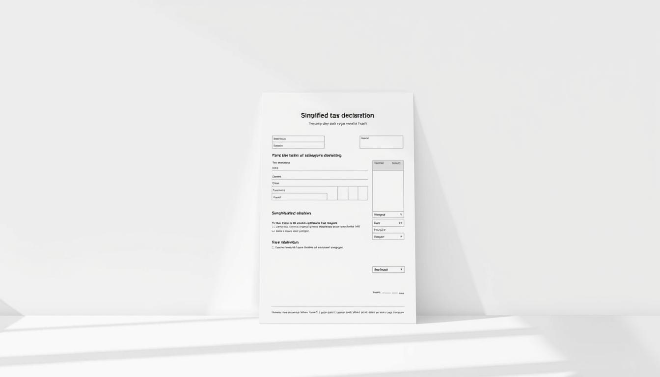 A modern, minimalist illustration of a simplified tax declaration form, showcased on a clean, light-colored background. The form itself takes center stage, rendered in a sleek, sans-serif typeface with a balanced layout and subtle graphical elements. Soft, natural lighting casts gentle shadows, creating a sense of depth and dimension. The overall atmosphere conveys a sense of efficiency, simplicity, and professionalism, reflecting the subject of the "Förenklad deklaration vs. fullständig deklaration" section.