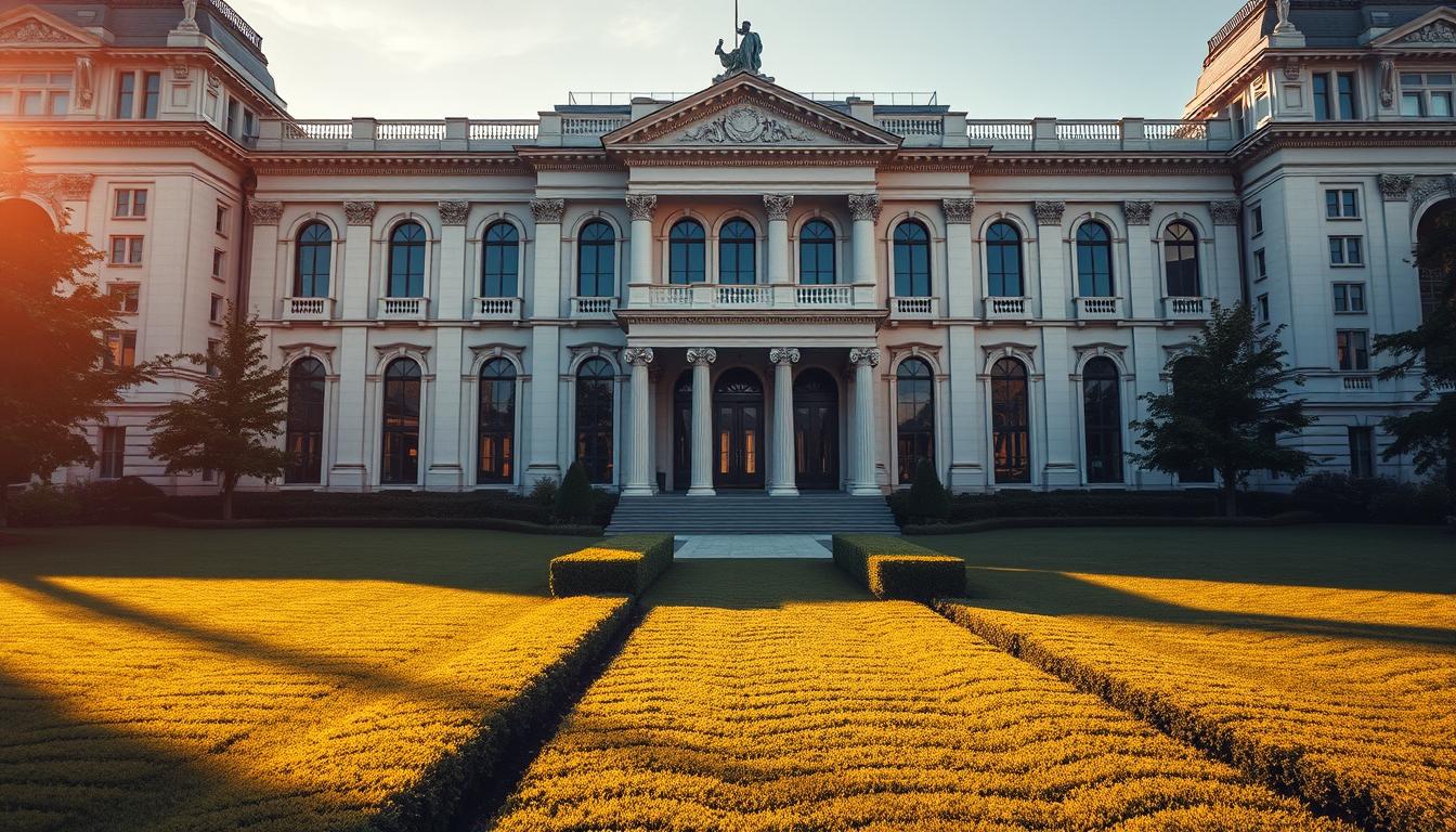 A large, stately office building with a grand, classical facade stands proudly in the center of the frame. The building is made of gleaming white marble and features ornate columns, arched windows, and intricate stone carvings. In the foreground, a well-manicured lawn leads up to the entrance, with neatly trimmed hedges and lush greenery lining the pathway. The lighting is warm and golden, casting a soft glow over the scene and creating long, dramatic shadows. In the background, a city skyline can be seen, hinting at the building's urban setting. The overall atmosphere is one of sophistication, authority, and professional real estate management.