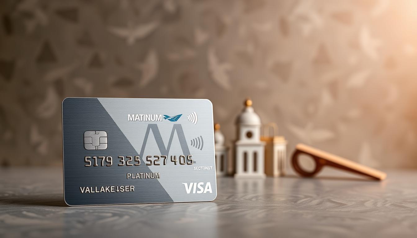 A high-end credit card with a sleek, elegant design featuring metallic accents. In the foreground, the M VISA Platinum logo stands out prominently, reflecting a warm, soft lighting. The middle ground showcases various shopping and travel icons, hinting at the card's exclusive benefits and rewards. The background has a luxurious, textured gradient, creating a sense of sophistication and exclusivity. The overall composition conveys a premium shopping and travel experience, perfectly aligning with the section title "สิทธิประโยชน์การช้อปปิ้งและโปรโมชั่นพิเศษ".